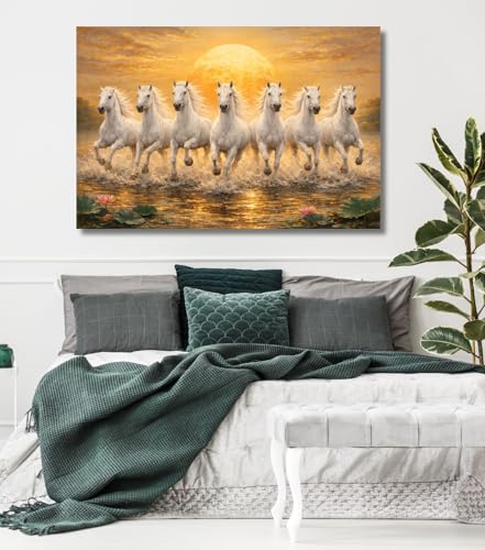 Image of KALPANIK Seven Running Horses With Sunrise Canvas Wall Painting | Vastu 7 White Horses Wall Art for Home Decor | White Running Horses Big Size 7 Horses Vastu Artwork (26x18 Inch, Framed - SMALL)