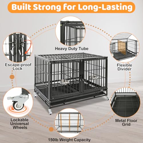 Homey Pet 43 Inch Heavy Duty Dog Crate Cage Kennel for Medium Dogs with Three Door, Divider, Removable Grid & Tray, 4 x Lockable Wheels, 2 x Bowls, Stackable Drop Cages for Breeders, Groomers