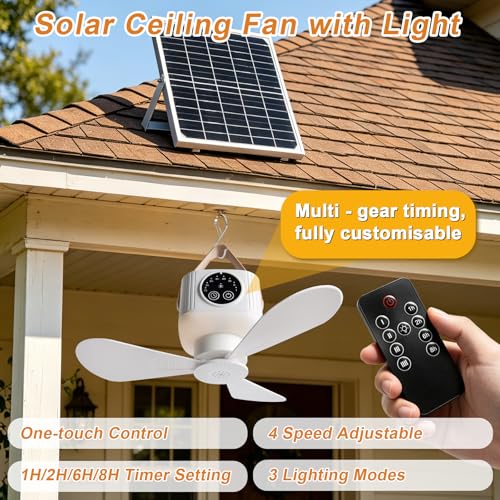 New Solar Ceiling Fan Light, Solar Powered Panel and Portable Camping Fan Light with 7500mAh Battery Remote Control, Rechargeable Gazebo Fan for Patios,Shed, Greenhouse, RVs,Canopy, Chicken Coop - image 2