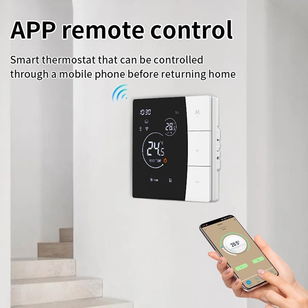 A hand holding a smartphone displaying the Tuya app interface, with the Serenophile Smart Thermostat mounted on a wall in the background.