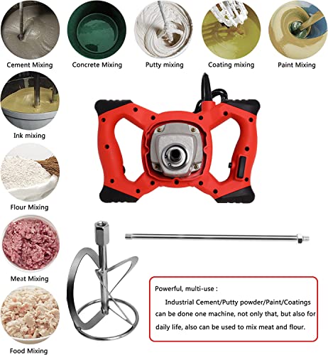 Electric Cement Mixer, 1600W 110V Adjustable 6 Speed Concrete Mortar Mixer, Handheld Plaster Grout Paint Thinset Mortar Paddle Drill Mixer Stirring Tool（Red） #TOP2