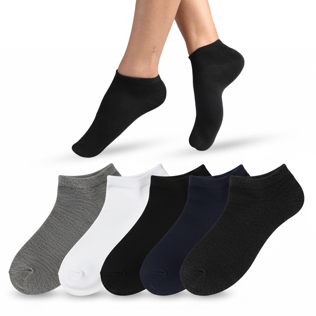Solid No-Show Socks for Men & Women | Cotton Blend, Breathable, Stretchable – Pack of 5 (Grey, White, Black, Navy Blue, Dark Grey)-image-42