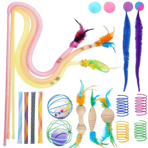20 Stück Interaktives Katzenspielzeug Set, Katzenangel mit Federn, Tube Katzenspielzeug, katzenball mit federn, Spring Spirale， Maus mit bälle, Wellpappe- Spielzeug，Katzenspielzeug Selbstbeschäftigung