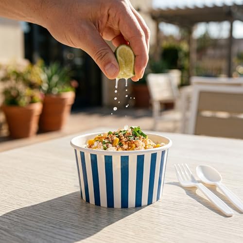 Image of Restaurantware Coppetta 12 Ounce Dessert Cups, 50 Disposable Ice Cream Cups - Lids Sold Separately, Sturdy, Blue And White Paper FroYo Bowls, Striped, For Hot And Cold Foods, Perfect For Gelato