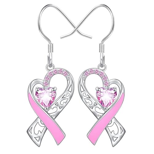 Glittering Pink Ribbon Pendant Earrings Breast Awareness Jewelry Breast Cancer Survivor Support Gift - Heart Rhinestones