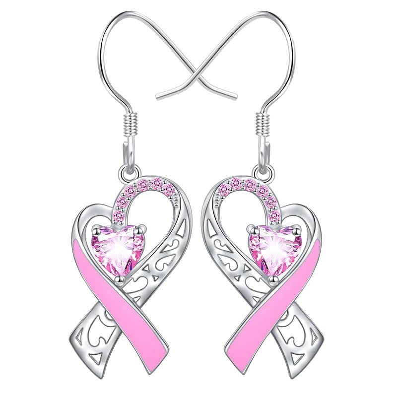 Glittering Pink Ribbon Pendant Earrings Breast Awareness Jewelry Breast Cancer Survivor Support Gift - Heart Rhinestones