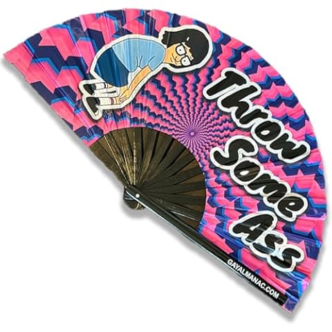 PandaTak Gay Pride Folding Hand Fans, Funny Large 13" Bamboo Fan with UV Reactive Ink, for LGBTQ Circuit Parties EDM Festivals and Raves (Throw Some Ass) Cover