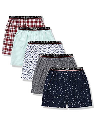 Badger Smith Men's 5 - Pack 100% Cotton Print and Plaid Multicolor Boxer Shorts Medium