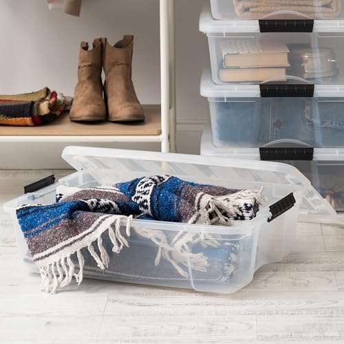Image of IRIS USA 27 Qt Stackable Plastic Storage Bins with Lids, 2 Pack - BPA-Free, Made in USA - Discreet Organizing Solution, Latches, Durable Nestable Containers, Secure Pull Handle - Clear