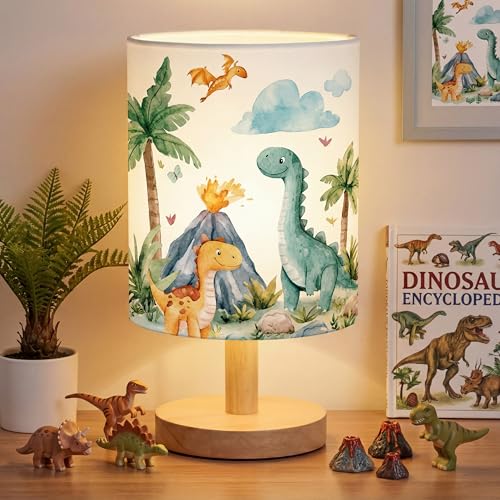 VIHOSE Roaring Dinosaur Kids Table Lamp for Bedroom Kids Bedside Lamp with Linen Wooden Nightstand Cartoon Nursery Lampshade for Girls Boys Living Room