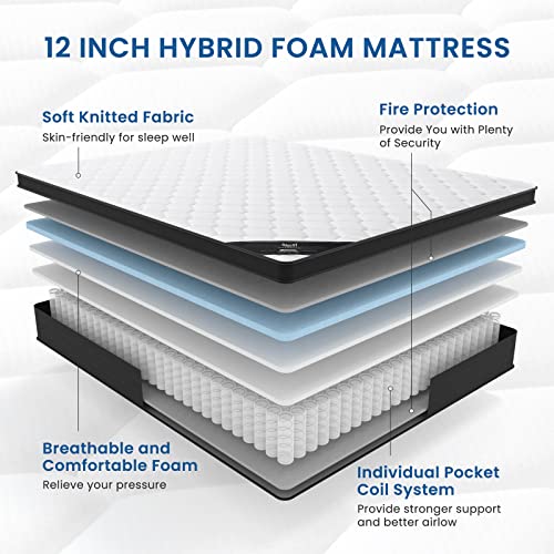 Victorage 12 Inch Hybrid Memory Foam Mattress, Black-Forest Series, Certipur-Us Certified, Individual Pocket Spring, Pressure Relief, Motion Isolation, Edge Support, Medium Firm Mattress #TOP3