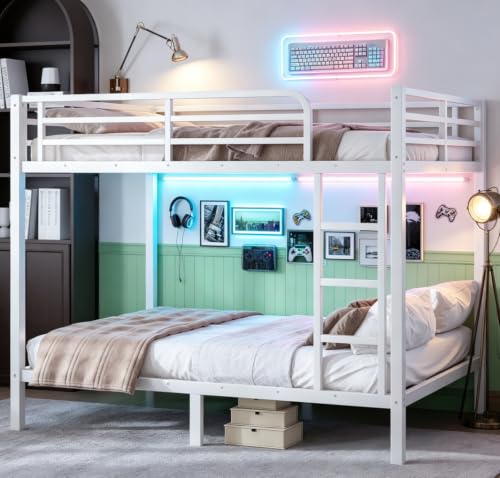 Bellemave Bunk Bed Full Over Full, Metal Bunk Bed with Guardrails, Full Size bunk beds for Kids, Teens & Adults（White）