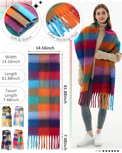 4 Pcs Large Chunky Plaid Scarf for Women Checked Scarf Shawl Blanket Warm Oversized Long Thick Gift3