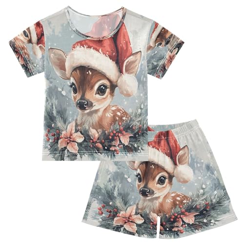 ALAZA Christmas Deer Floral Watercolor Pajamas Set Short Sleeve Cotton Sleepwear Summer Pjs 2 Piece 5-14Y