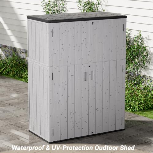 Image of KINYING Outdoor Vertical Storage Shed,57 Cu.ft Outdoor Storage Cabinet Waterproof,Resin Sheds & Outdoor Storage for Garden,Patio,Backyard,Lockable (Grey Color)