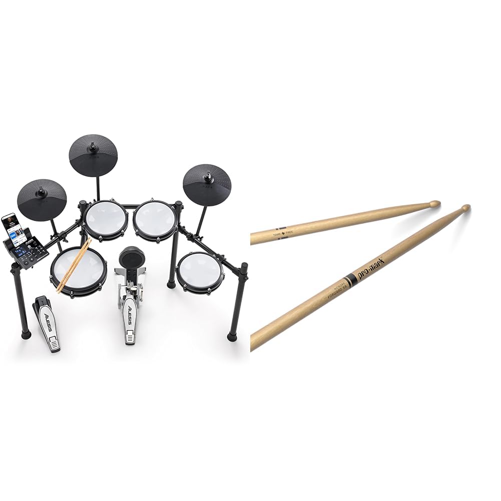 Alesis Nitro Max Batteria Elettronica con Pelli Mesh Silenziose, Rullante a Doppia Zona da 10” & Pro Mark Tx5Aw Bacchette in Hickory Promark 5A con Punta in Legno