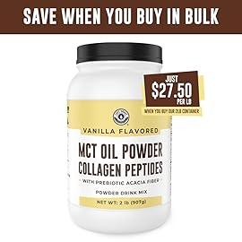 MCT Oil Powder with Acacia Fiber & Collagen Peptides - Prebiotic Collagen Protein, 10g MCTs from Coconuts, Sugar Free Keto Coffee Creamer - Grass Fed, Vanilla Flavor, Non-GMO, Gluten Free, 32 oz
