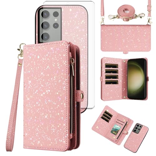 Coque Samsung S23 Ultra Asuwish portefeuille amovible et protecteur d'écran paillettes
