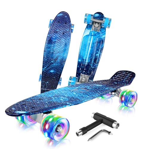 BELEEV Kinder Skateboard 22 Zoll mit LED Leuchtrollen Wheels, Komplette Mini Cruiser Skateboard für Kinder Jugendliche Erwachsene, LED Leuchtrollen mit All-in-one Skate T-Tool für Anfänger