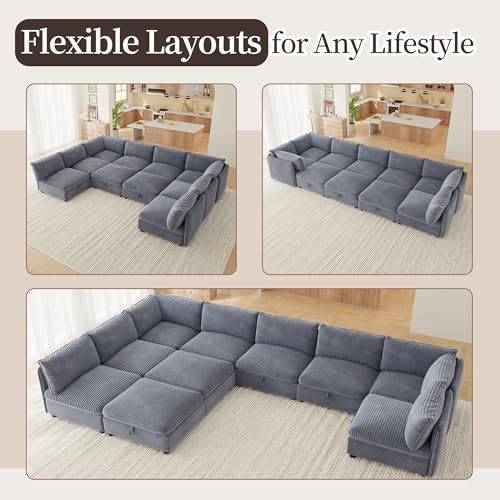 Image of Oversized Corduroy Modular Sectional Sofa Bed with Hidden Storage, Convertible L U Sleeper Couch, Modular Sofa 10 Seat Free Combination with Ottoman & Removable Covers for Living Room, Gray