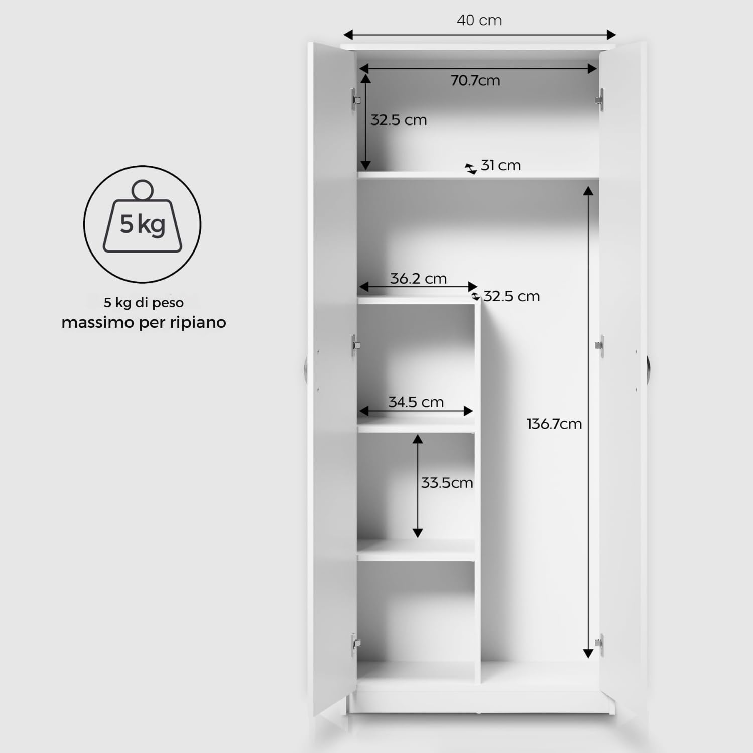 Home Collective Armadio multiuso in legno MDF con ripiani e scomparto aggiuntivo, 74 cm x 180 cm, colore: bianco