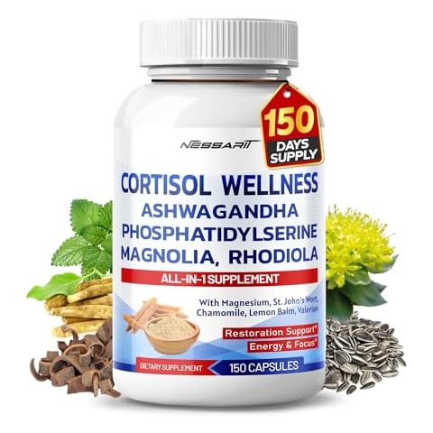 CORTISOL Wellness Ashwagandha 6,000mg 14-in-1 Natural Blend with Phosphatidylserine Magnolia Rhodiola St. John's Wort Peppermint Bacopa - 150 Count - Made & Tested in The USA Cover