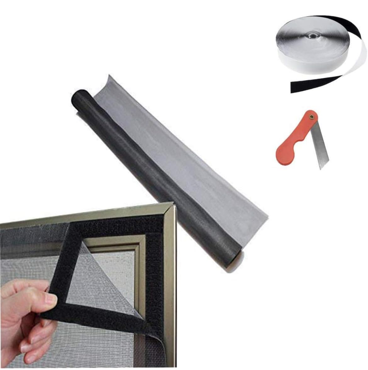 120 GSM Fiber Glass Mosquito net [3 x 2 FT / 90 x 60CM] for Window & Ventilator with Self Adhesive Hook Tape & Non Adhesive Loop Tape (Grey)