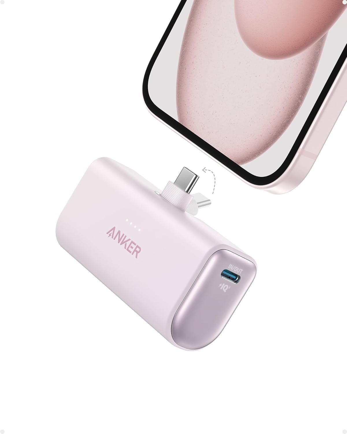 Nano Power Bank, Mini Portable Charger with Built-In Foldable USB-C Connector, 5,000mAh Battery Pack 22.5W, For iPhone 16/15, Samsung S23 Series, Note20 Series, Huawei, iPad, AirPods, and More
