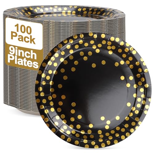 DAJAVE 100 Pcs Party Paper Plates 9Inch Black and Gold Paper Plates Round Black Plate with Gold Foil Dots Party Tableware for Wedding, Engagement, Birthday, Anniversaries, Graduation