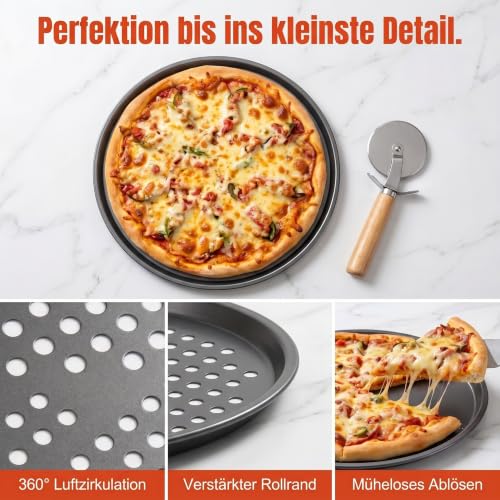 Foto von Flhlxzm 4 Stück Pizzablech Rund, Gelocht Antihaft Carbonstahl ø 29-32 cm