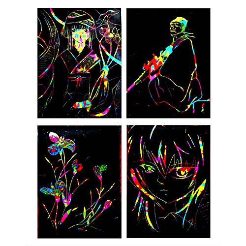 Image of R H lifestyle DIY 10 Sheet Magic Rainbow Scratch Art Paper Cards Scraping Drawing with Stick (A4 Size)