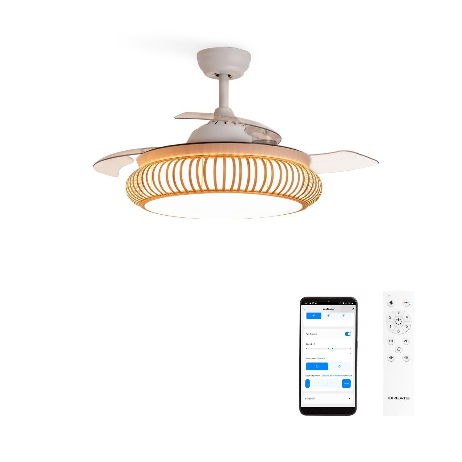 CREATE WINDCLEAR RATTAN/Ventilatore a soffitto con illuminazione bianca ovale con Wi-Fi e telecomando/6 velocità, funzionamento invernale estivo, ali retrattili, programmabili, 40 W, Ø 107 cm