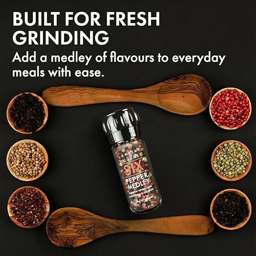 Image of Sprig Gourmet Six Pepper Medley 42g | Expensive But Authentic | Chef's Choice | Colourful & Flavourful | Rainbow Peppercorn blend | Whole Dried Peppercorns (Black, White, Pink, Green, Sichuan, Cubeb) | Reusable Glass Grinder Bottle