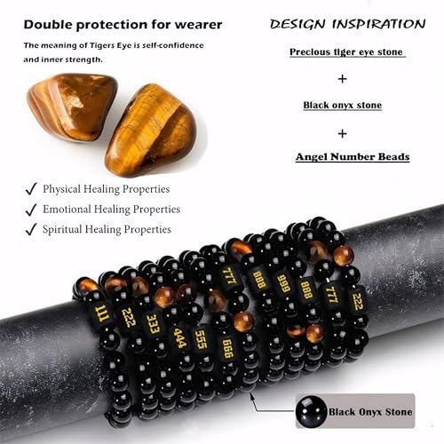Angel Number Bracelet for Women – Black Onyx & Tiger Eye Adjustable Crystal Bracelet for Healing, Protection, Manifestation – Spiritual Jewelry Gift Box Included2