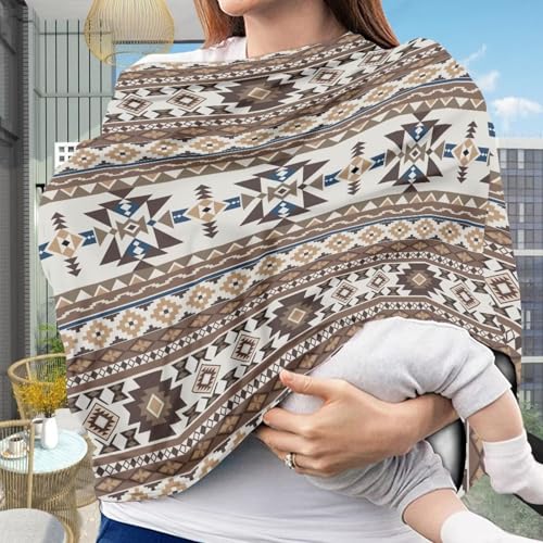 Image of Binienty Light Brown Tribal Geometric Car Seat Cover for Babies, Breathable Breastfeeding Scarf for Moms, Extra Soft and Stretchy Nursing Covers for Boys Girls