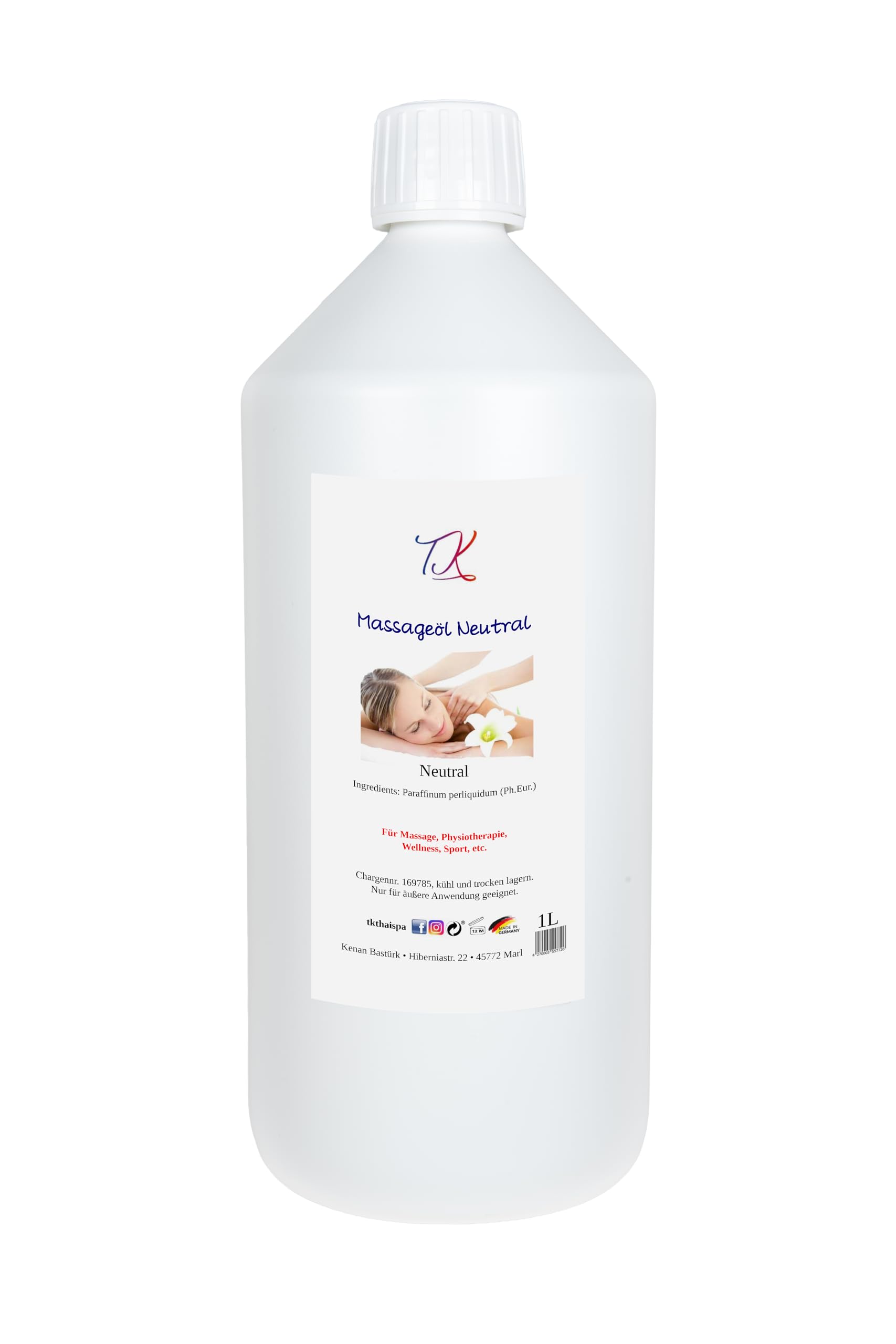 Aceite de masaje neutro para masajes, bienestar, fisioterapia, spa, etc. en calidad farmacéutica (1 litro)