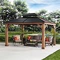 Sunjoy Hardtop Gazebo 11’ x 13’ Outdoor Cedar Framed Wood Gazebo with Black Double Steel Hardtop Roof Permanent Canopy for Garden, Backyard Shade…