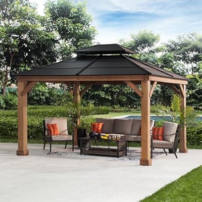 Sunjoy Hardtop Gazebo 11’ x 13’ Outdoor Cedar Framed Wood Gazebo with Black Double Steel Hardtop Roof Permanent Canopy for Garden, Backyard Shade…