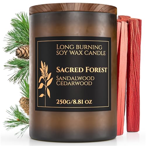 Sacred Forest Cedar & Sandalwood Candle | Scented Candle for Relaxing Aromatherapy | 60H Burn Time | Infused with Essential Oils | Natural Soy 8.81 Oz