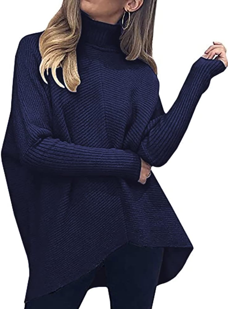 Poetsky Womens Long Sleeve Turtleneck Sweaters Oversized Knit Loose Asymmetrical Hem Pullover Tunic Tops