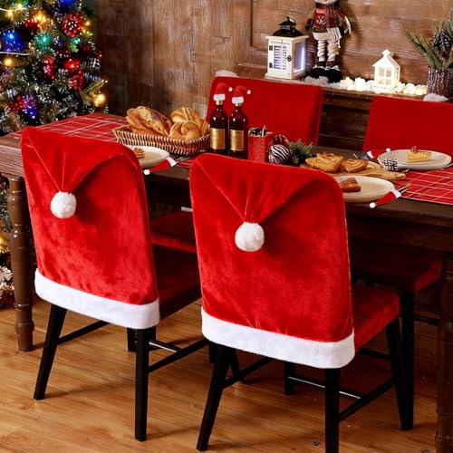 Kaimeng 2PCS Christmas Chair Cover, Santa Hat Chair Back Covers with 2Pcs Silverware Holders Red Santa Claus Hat Slipcover for Christmas Holiday Party Decoration
