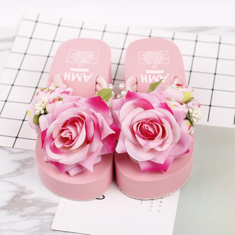 Loizziuy Pink Floral Slippers Summer Women's Sandals Elevated Heels Thick-Soled Platform Handcrafted Flower Decor for The Beach2