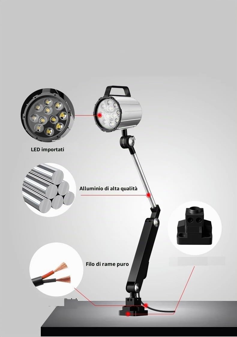 12W Aggiornato Plus braccio lungo 40+40 cm illuminazione macchina 220 V lampada industriale regolabile in lega di alluminio luce da lavoro LED per tornio, fresatrice CNC, perforatrice (12 W)