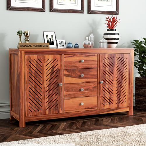 Image of Solid Sheesham Wood Wooden Sideboard Storage Cabinet : Ideal for Living Room and Bedroom with 4 Drawers and 4-Shelf Storage(Ferna, Honey Finish)
