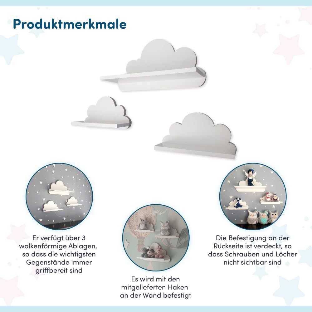 3er Set Wandregal Kinderzimmer Weiß | Babyzimmer Wolkenregal für Bücher, Spielzeug, Dekoration | Regal Wolke aus Holz | Skandinavischen Stil | Schweberegal Wanddeko Ibiza- Elegance