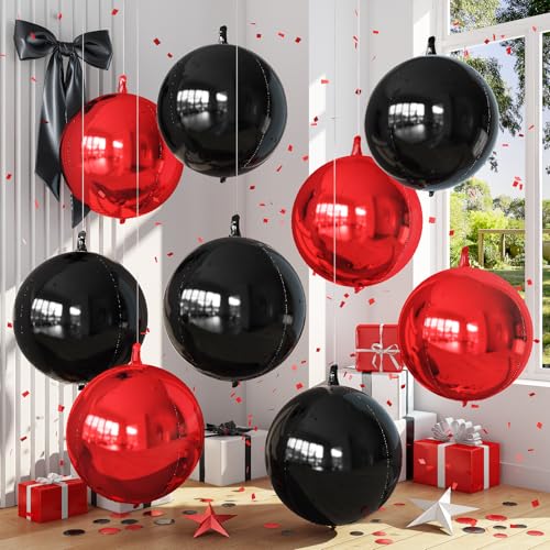 Image of 9 Pcs Black Red Round Foil Balloons Halloween Balloon | 22 In Black Metallic Dark Deep Red 4D Ball Balloon for Vampire Scary Killer Night Grad Birthday Anniversary Party Decor