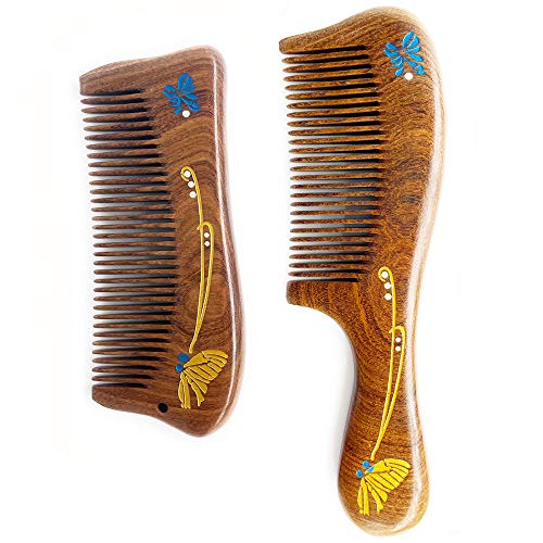 Sitronugras wooden combs set,Handmade Detangling comb with Fine teeth sandalwood combs with handle for Women Men Anti Static Adorable Shape Wooden Hair comb for Wavy Hair