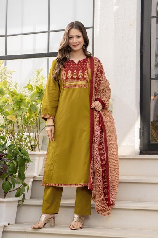 Image of Amayra Women's Cotton Straight Kurta Set with Palazzo Pants & Dupatta- Ethnic Wear