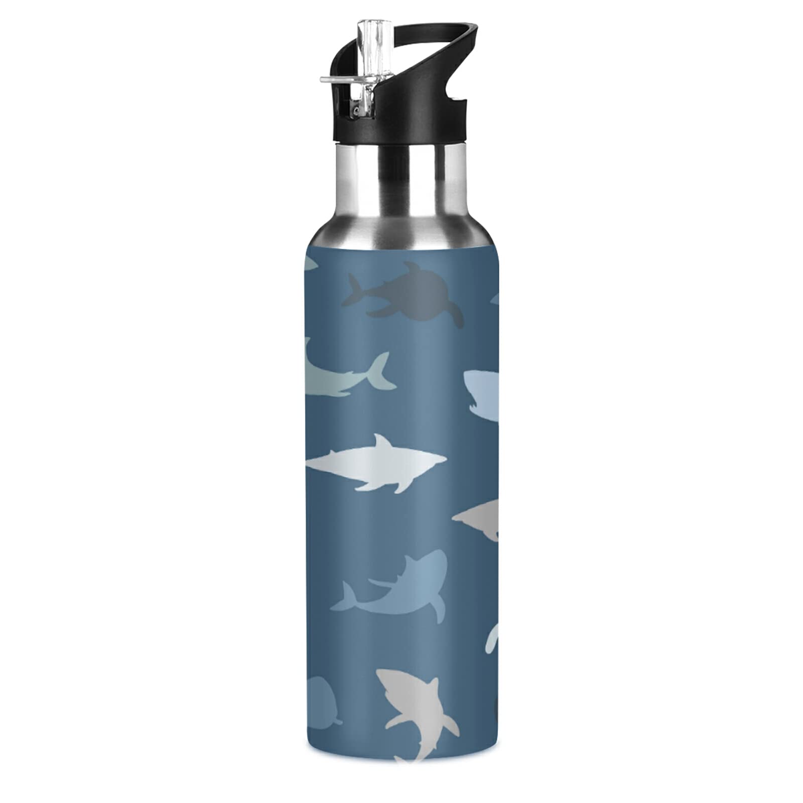 TropicalLife Water Bottle with Straw 600ml Leakproof Hot Water Bottle Sea Animal Shark Pattern Vacuum Insulated Bottle for Boys Girls Adult Outdoor Sports