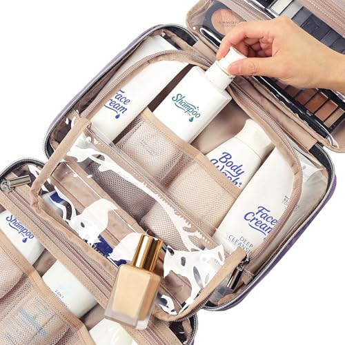 Image of NISHEL Travel Toiletry Bag for women, Portable Hanging Organizer for Travel-Sized Shampoo, Conditioner, Brushes Set, Makeup Accessories, Medium Size, Purple